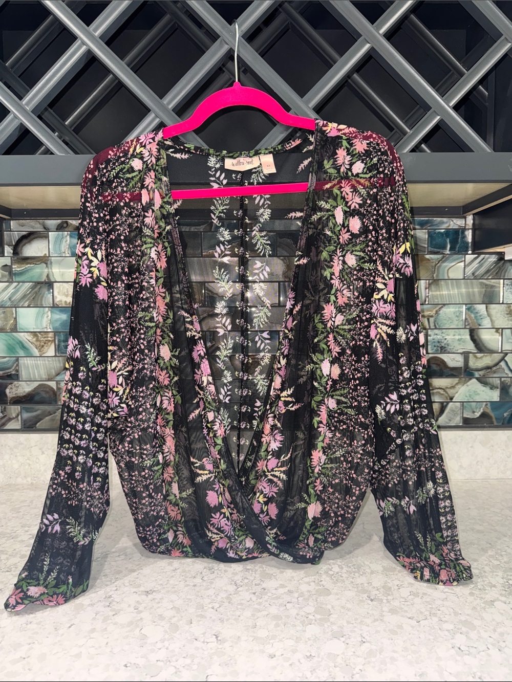 Sheer Floral Wrap Blouse in Black and Pink